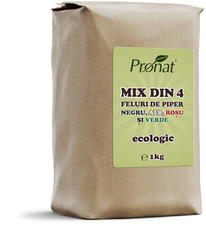 Mix din 4 feluri de piper bio negru, alb, rosu si verde, Pronat