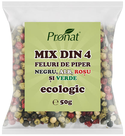 Mix din 4 feluri de piper bio negru, alb, rosu si verde, Pronat