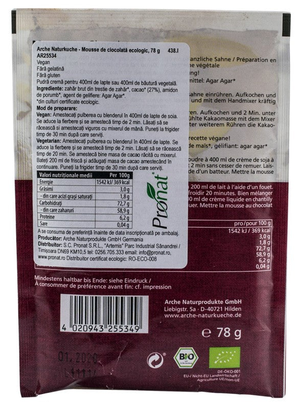 Mousse bio de ciocolata, 78g Arche Naturkuche