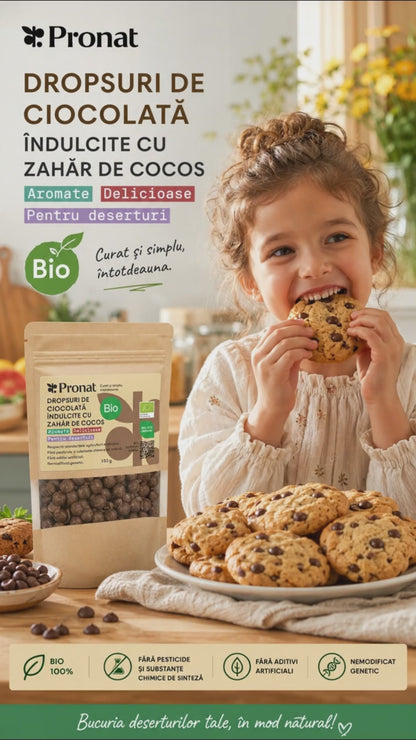 Dropsuri bio de ciocolată îndulcite cu zahăr de cocos, 150g Pronat