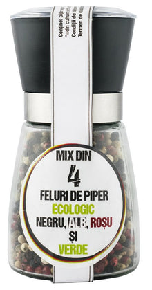 Rasnita refolosibila cu 90g Mix din 4 feluri de piper bio negru, alb, rosu si verde Pronat