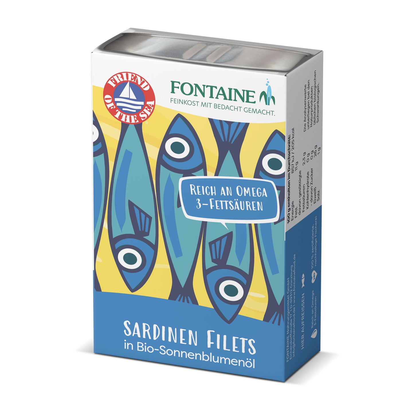 Fileuri de sardine fără oase, cu piele, in ulei bio de floarea soarelui, 120g Fontaine
