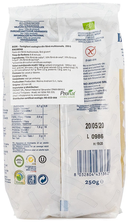 Tortiglioni bio din faina multicereale, 250g Biori