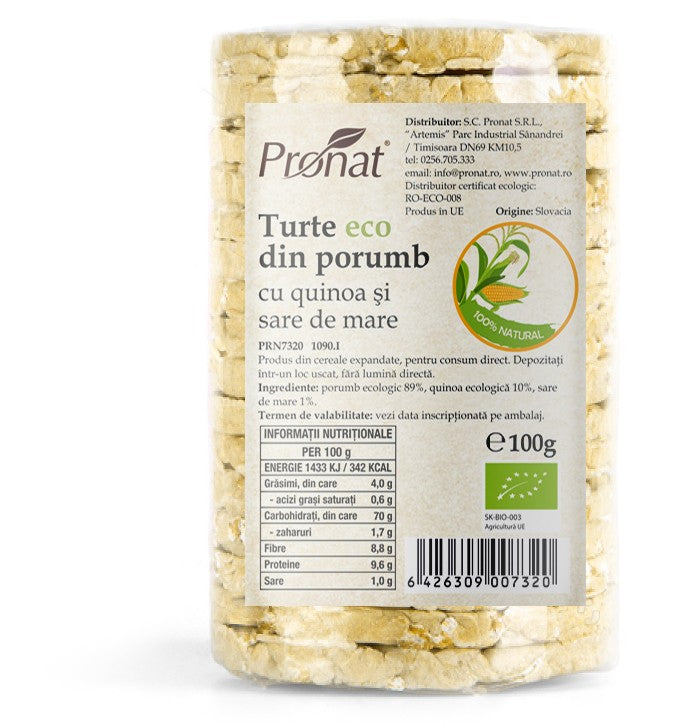 Turte bio din porumb cu quinoa si sare de mare, 100g Pronat