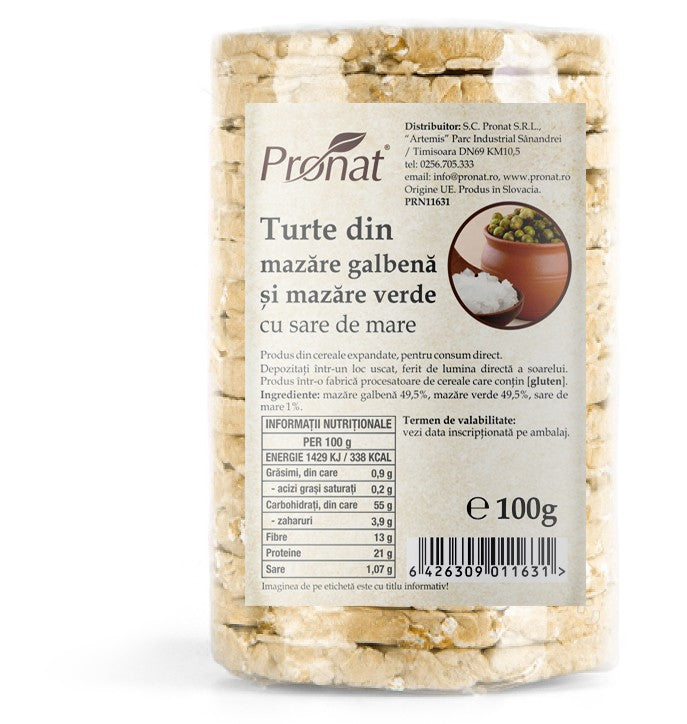 Turte din mazare galbena si mazare verde cu sare de mare, 100g Pronat