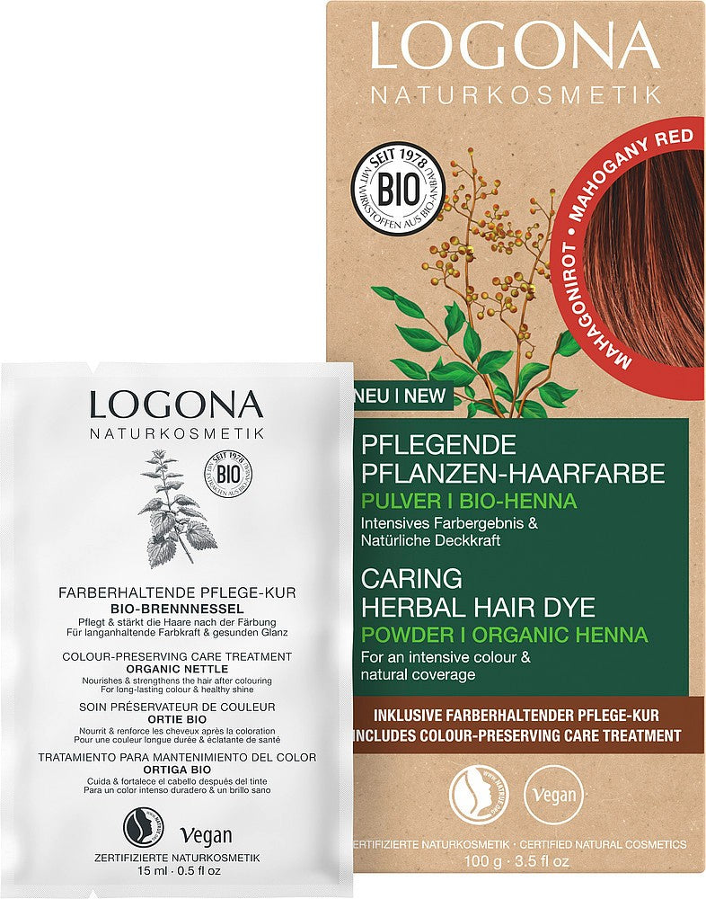 Vopsea de par bio pe baza de plante, rosu mahon 100g Logona