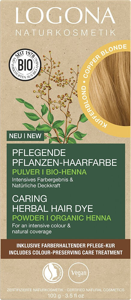 Vopsea de par pulbere, pe baza de plante, blond cupru, 100g Logona