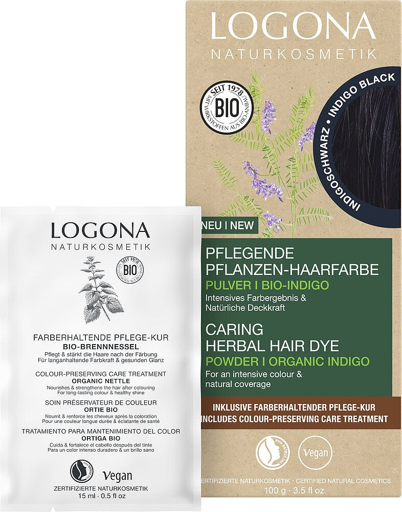 Vopsea de par pulbere, pe baza de plante, negru indigo, 100g Logona