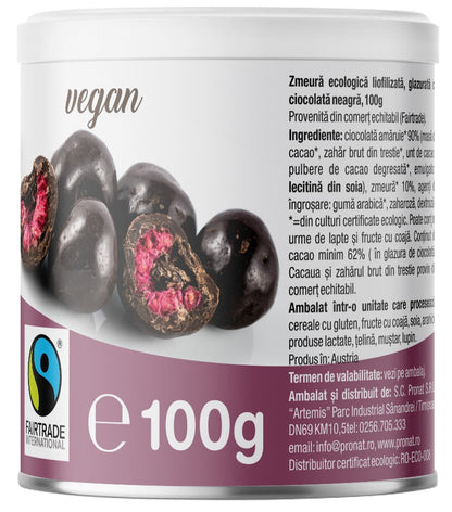 Zmeura glazurata cu ciocolata neagra bio, 100g Pronat